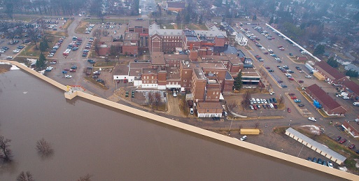 Fargo Flood 2009: Aerial view of barrier wall holding back the Red River from reaching the Veterans Hospital.