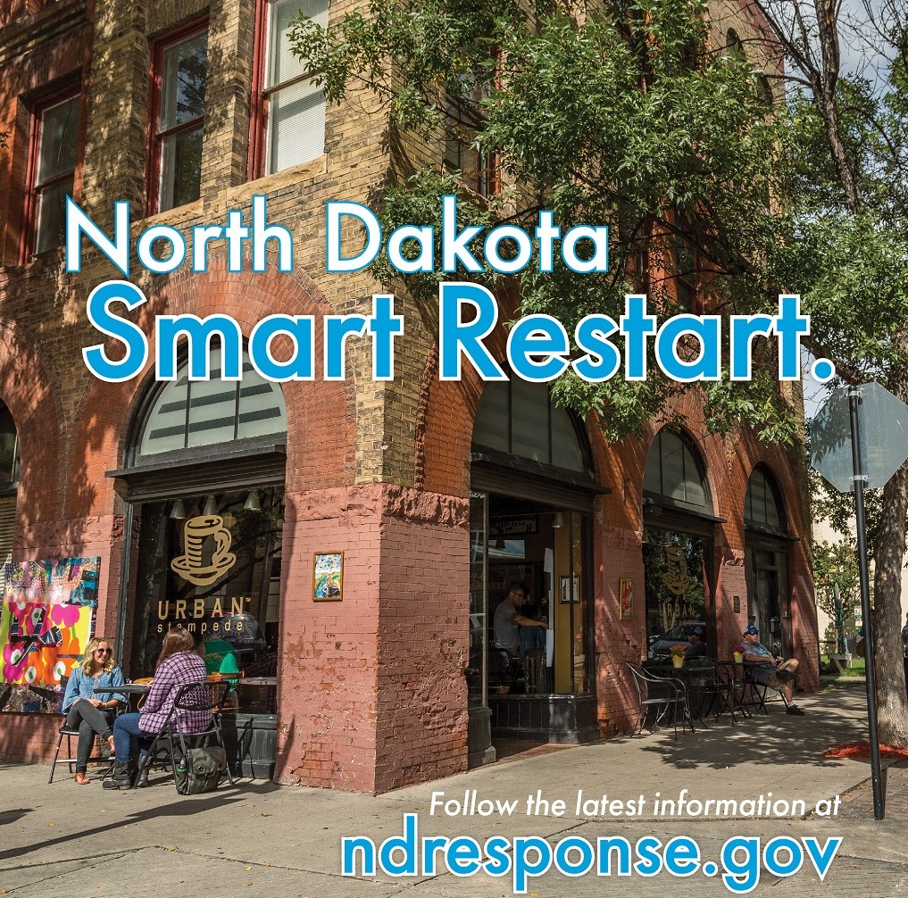 North Dakota Smart Restart promotional image. Two ladies having coffee outside