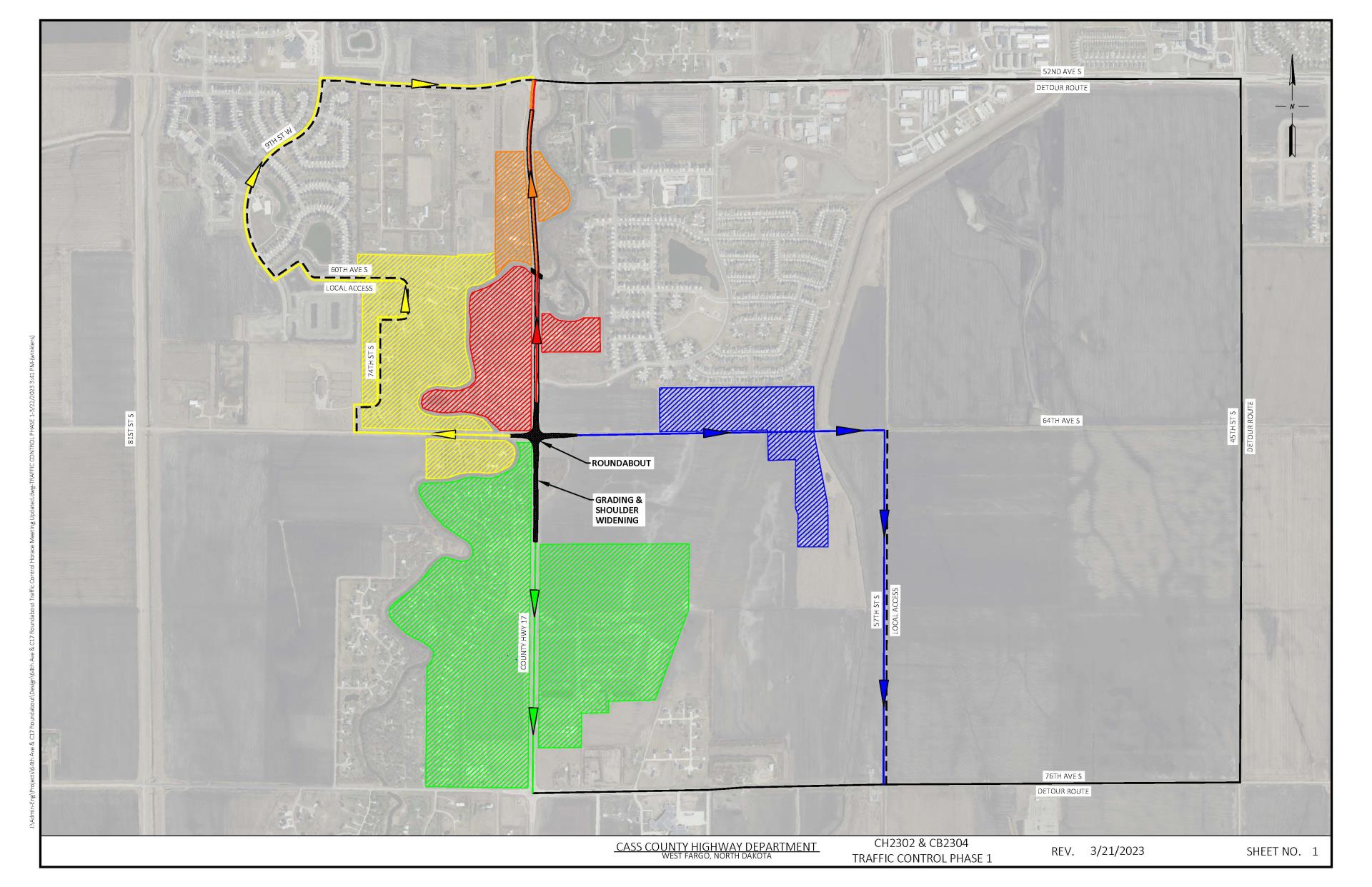 Image of the Roundabout Traffic Control Phase 1 Map showing where traffic will be rerouted