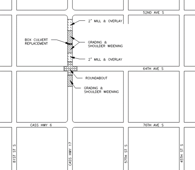 Bridge Project Map showing where a box culvert replacement will take place at the intersection of county highway 17 and 64th avenue south