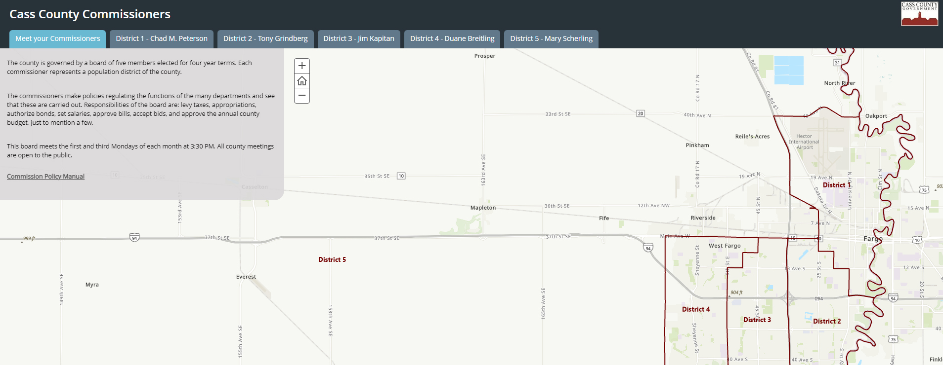 Image of a map of the Commission Districts in Cass County. Click to meet your County Commissioners