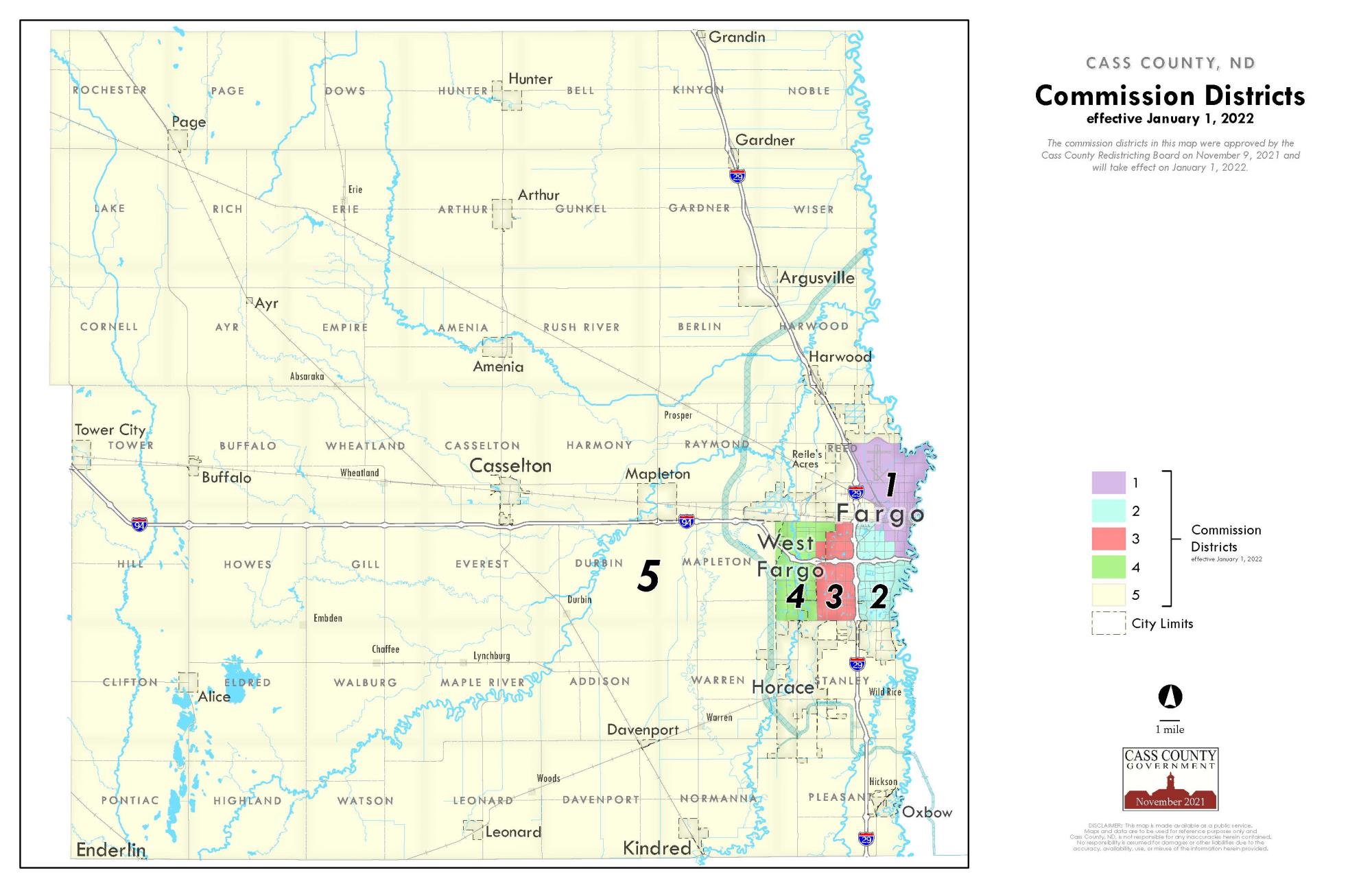 Map image of the five Commission Districts in Cass County