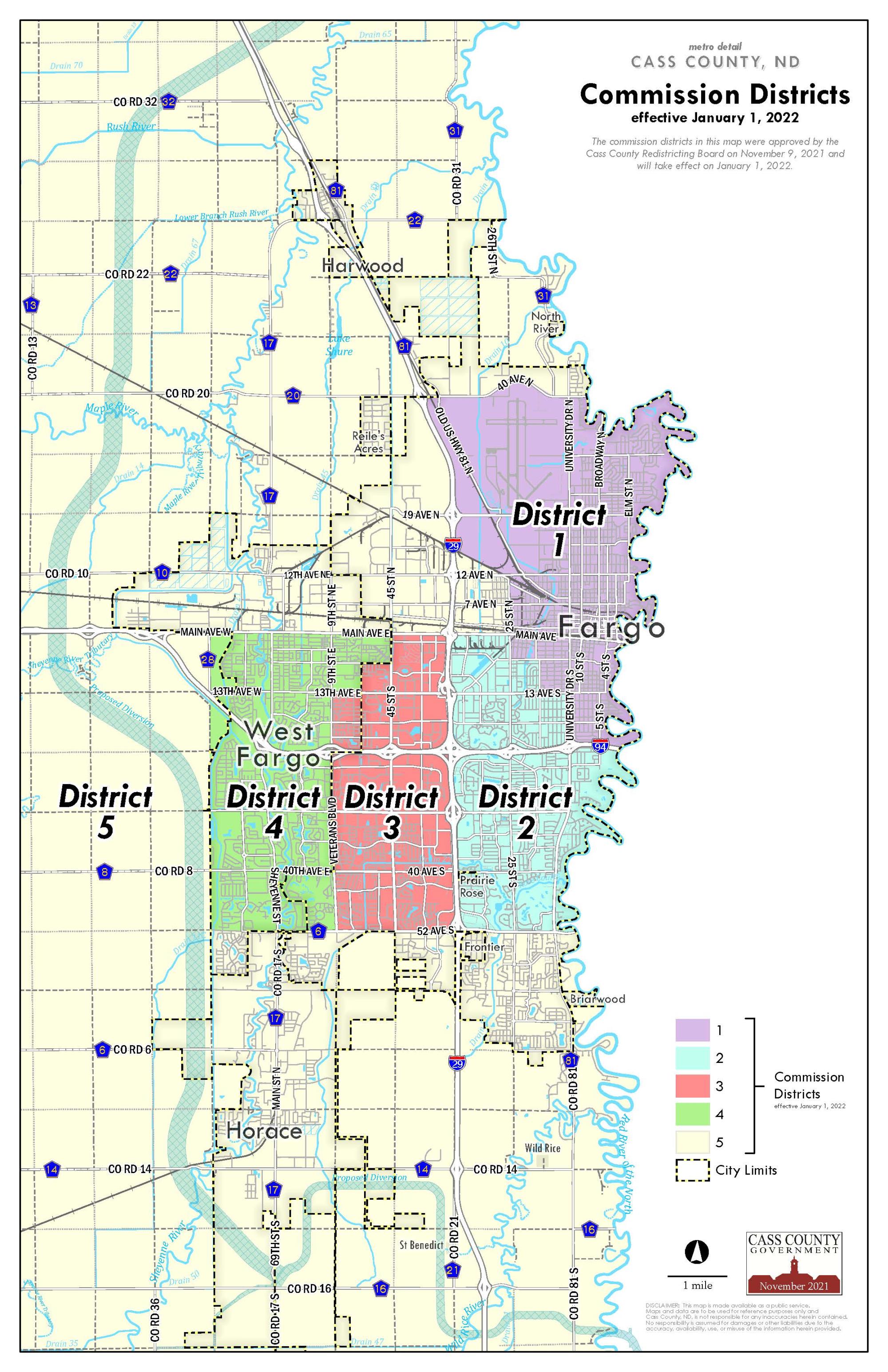 Map image zoomed in on the metro area with the five Commission Districts in Cass County