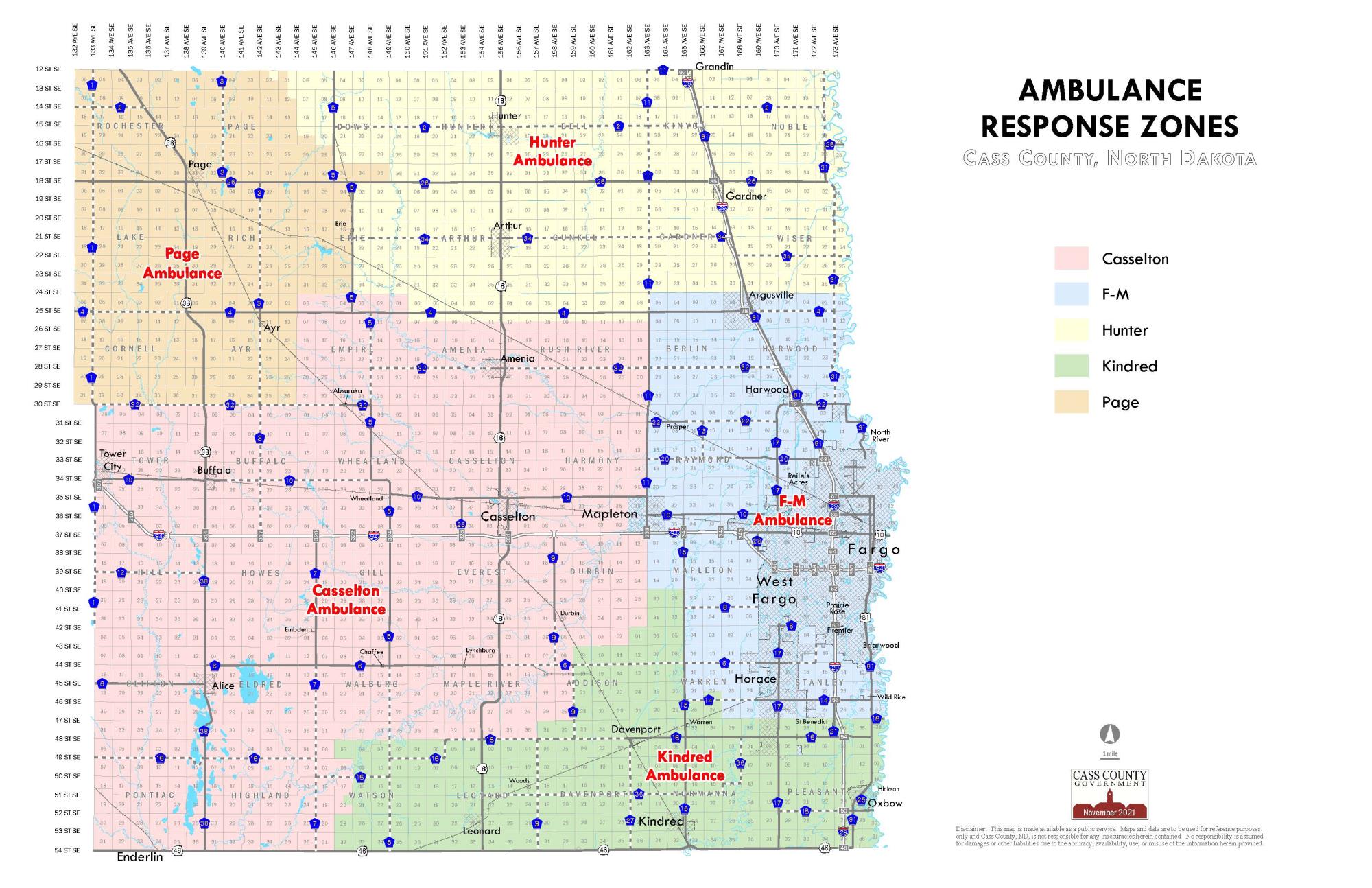 Map Image showing the five ambulance response zones in Cass County