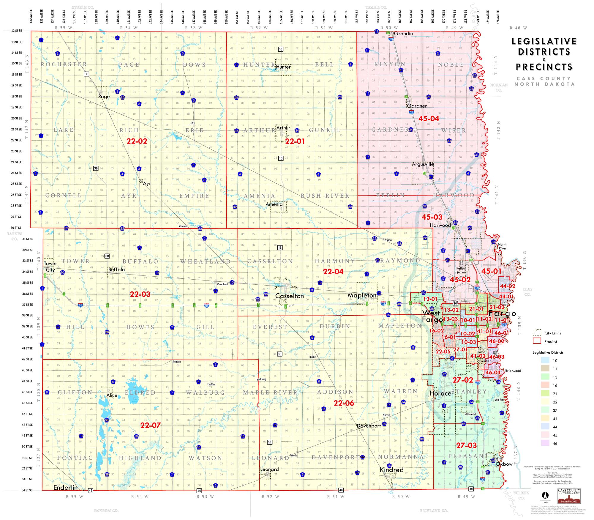 Map image of showing all the legislative districts throughout Cass County