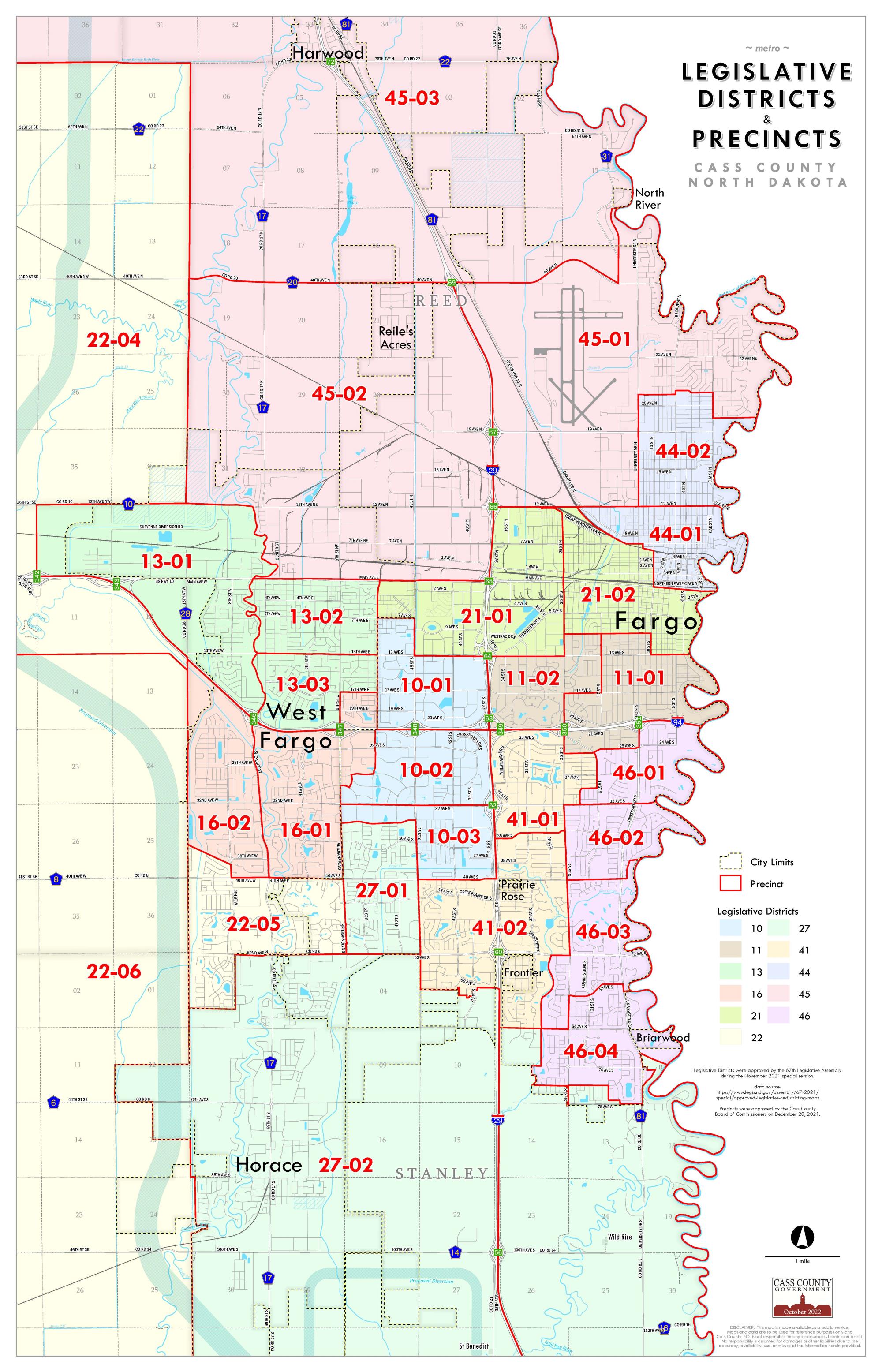 Map image of showing the legislative districts throughout Cass County but zoomed in to show the metro area detail