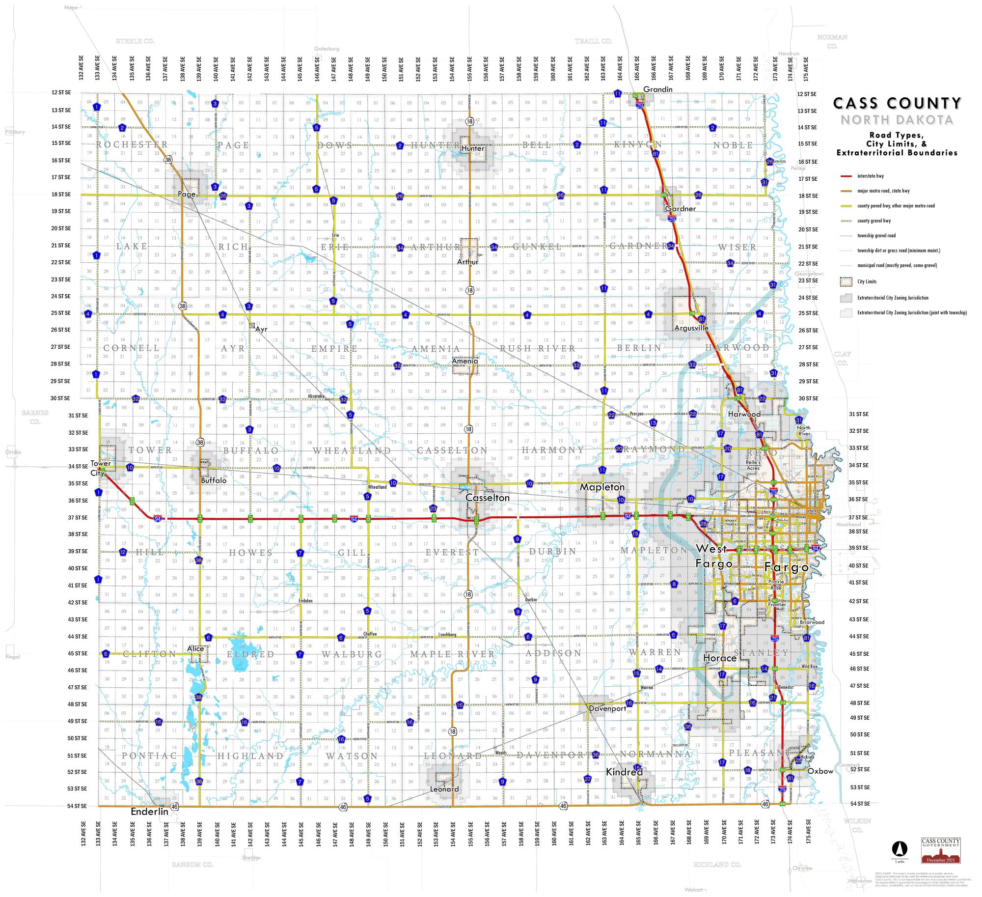 Map image of Cass County showing all road types, city limits and extraterritorial boundaries