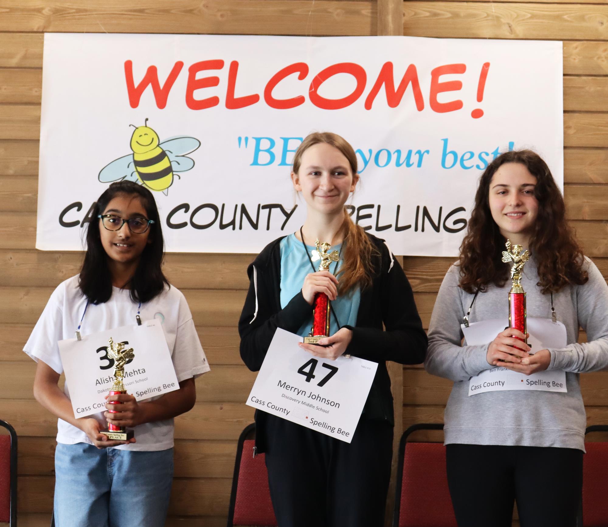 Image of the top 3 spelling bee finishers for the Cass County Annual Spelling Bee